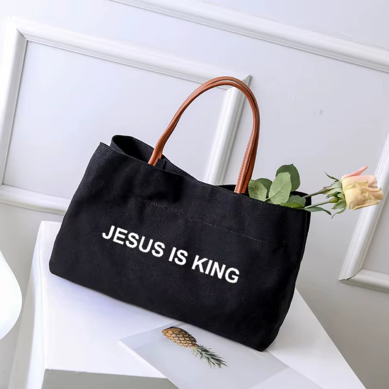Jesus Is King Canvas Tote Bag Gift for Christian Church Bag Women Lady Casual Beach Bag Shopping Bag Shopper Handbag