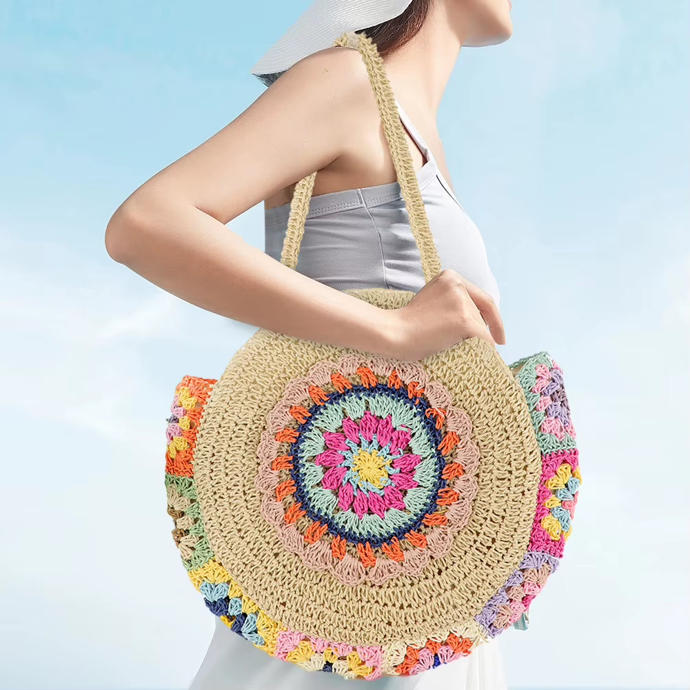 2024 Summer round Straw Woven Shoulder Bag Women'S Large Capacity Weaving Tote Bag Ethnic Style Stylish Handbag Ladies Beach Bag