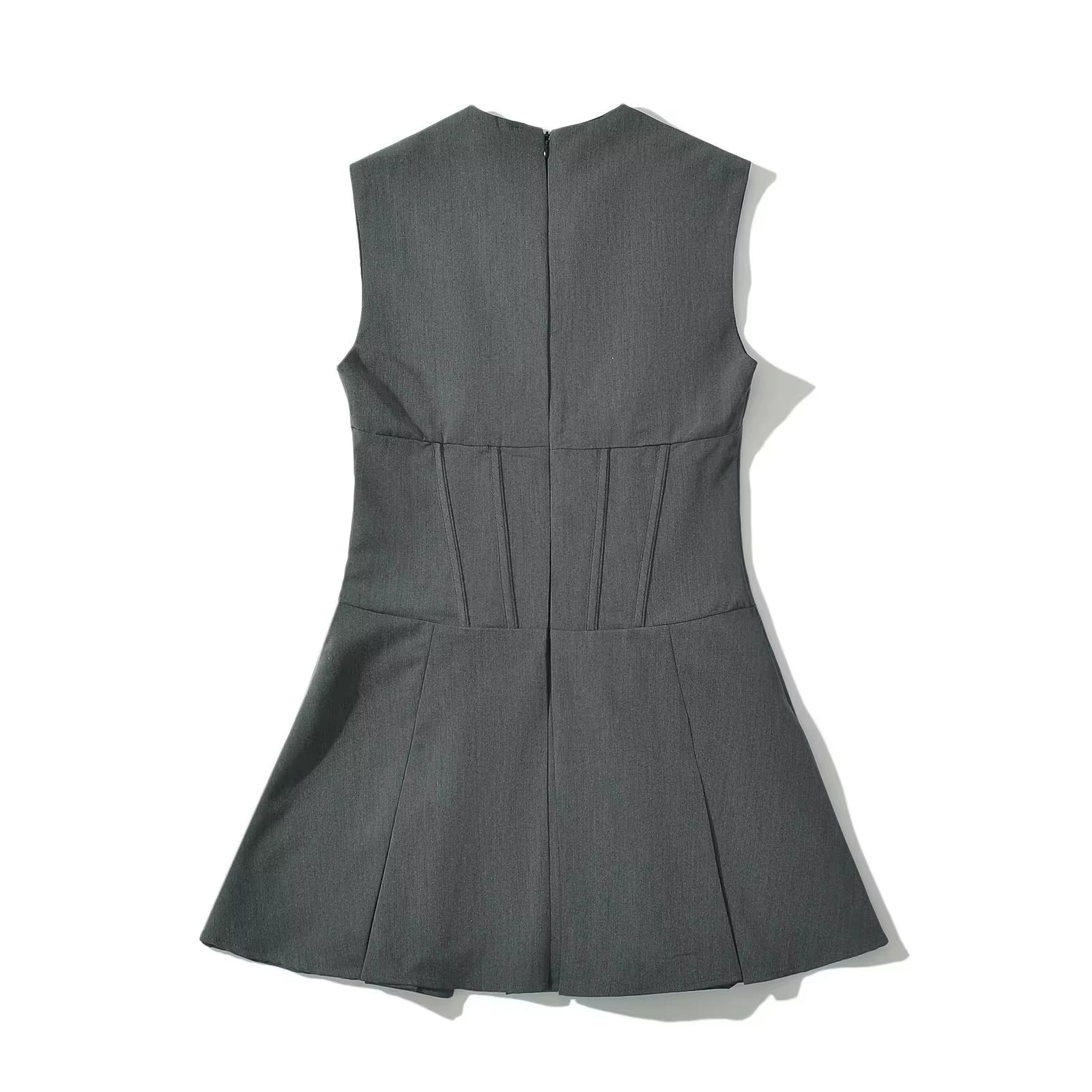 V-Neck Slim Fit Mini Sexy Party Dress Gray Croset Style Dress Women Sleevless Pleated New Summer Dress