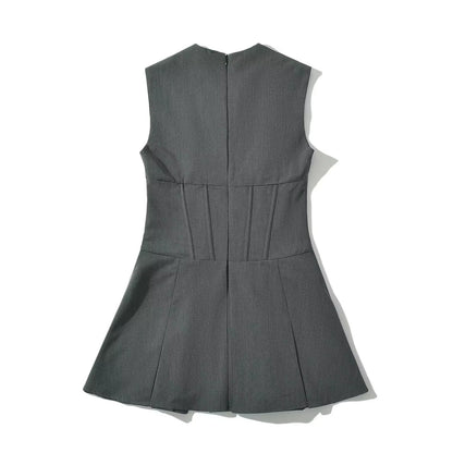 V-Neck Slim Fit Mini Sexy Party Dress Gray Croset Style Dress Women Sleevless Pleated New Summer Dress