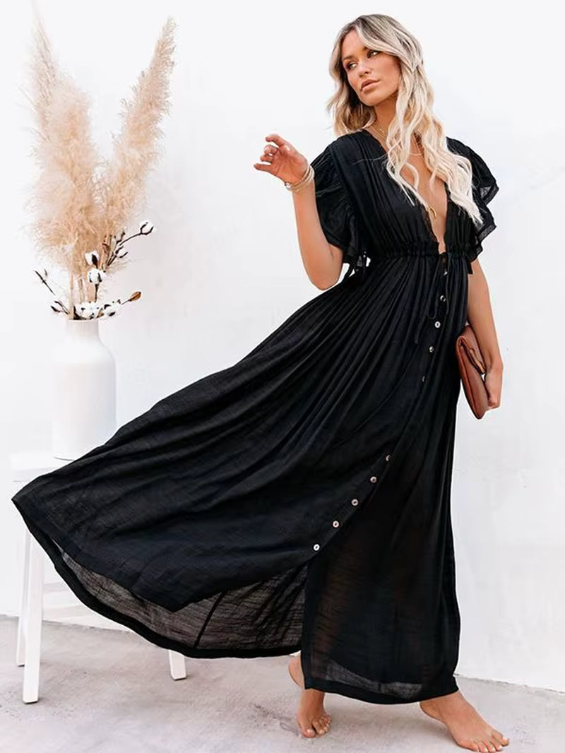 Women Swimsuit Cover Ups Mandarin Sleeve  Beach Cover-Ups