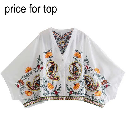 Floral Embroidery Boho Dress V-Neck Batwing Sleeve Dress Women Elastic Waist Pleated Chic Holiday Party Dress New