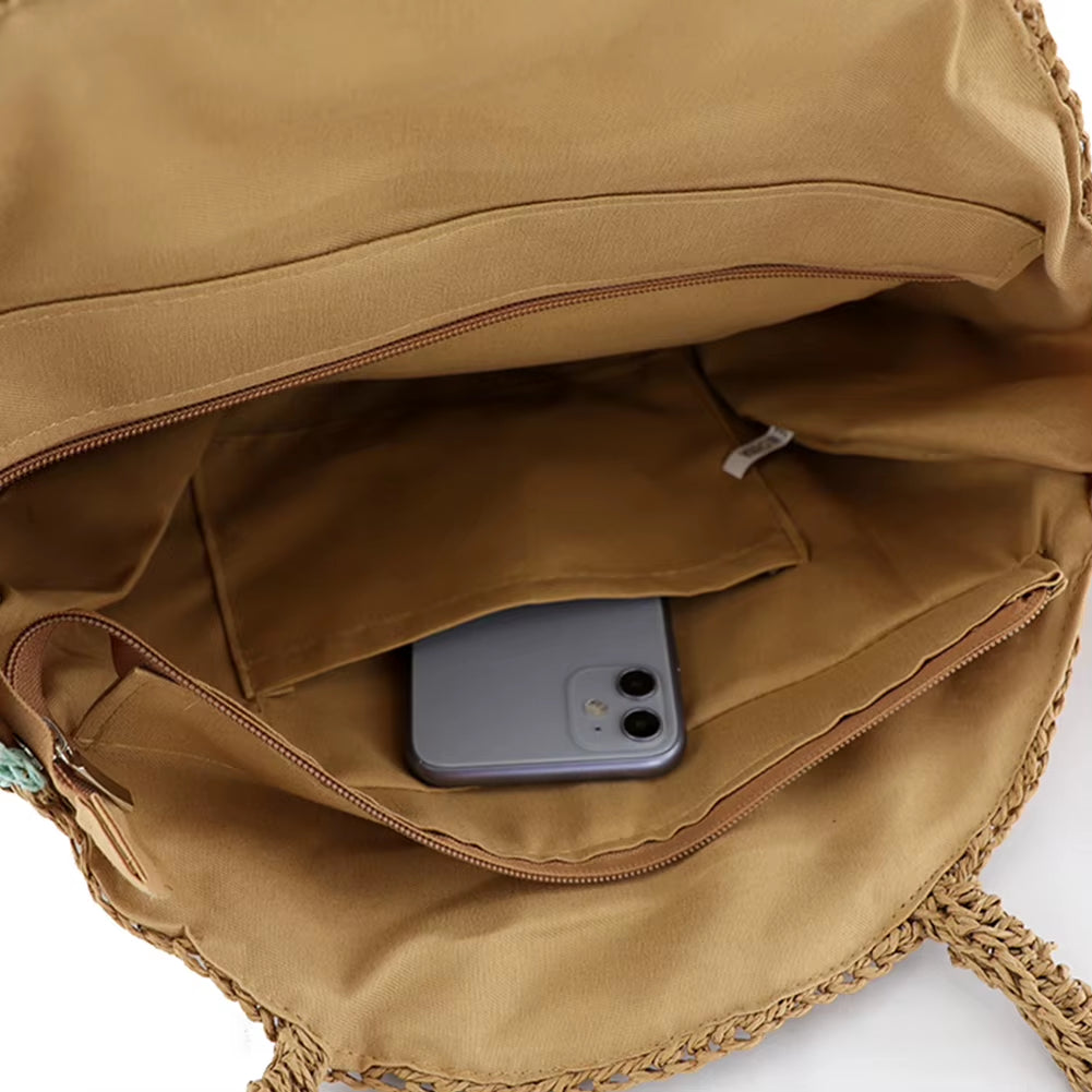 2024 Summer round Straw Woven Shoulder Bag Women'S Large Capacity Weaving Tote Bag Ethnic Style Stylish Handbag Ladies Beach Bag