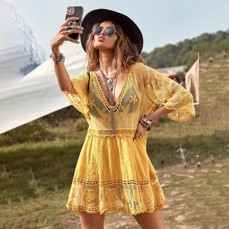 2023 Bikini Cover-Ups Tunic Sexy V-Neck Half Sleeve Summer Beach Wear Mini Dress Women Boho Beach Bikini Cover-Ups