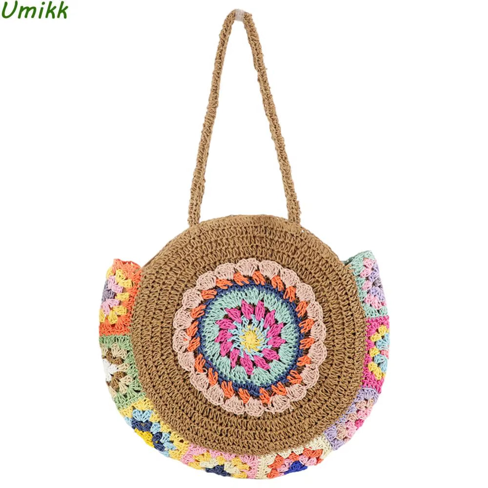 2024 Summer round Straw Woven Shoulder Bag Women'S Large Capacity Weaving Tote Bag Ethnic Style Stylish Handbag Ladies Beach Bag