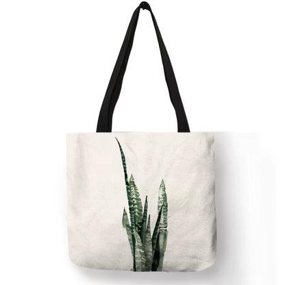 Watercolor Pteridophyte Print Reusable Shopping Bag Banana Tree Tote Bag for Women Fabric Handbags Traveling Beach Bags