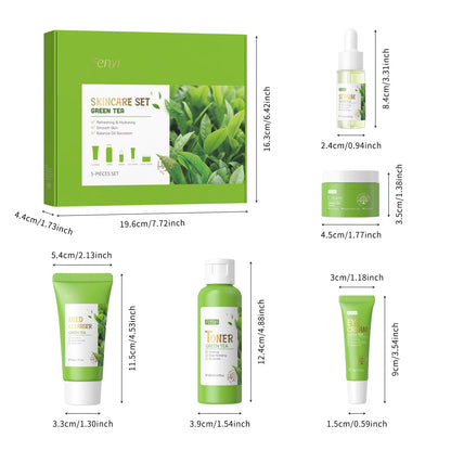 5Pcs/Box Skin Care Set Green Tea Facial Cleaner Soothes Skin Face Toner Tea Serum Moisturizing Cream Repairing Eye Cream Kits