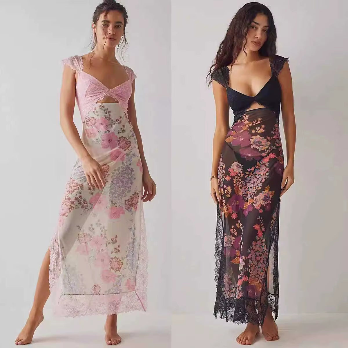 Maxi Slip Dress V-Neck Short Sleeves Side-Slit Summer Dress Cutout Back Sexy Party Dresses New