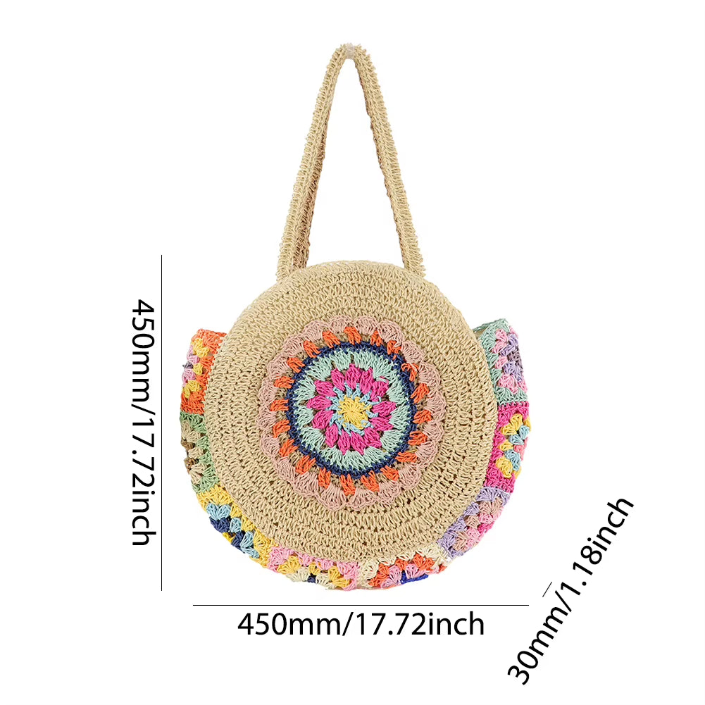 2024 Summer round Straw Woven Shoulder Bag Women'S Large Capacity Weaving Tote Bag Ethnic Style Stylish Handbag Ladies Beach Bag