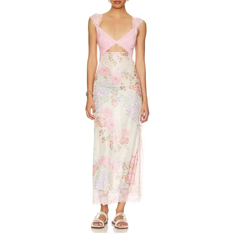 Maxi Slip Dress V-Neck Short Sleeves Side-Slit Summer Dress Cutout Back Sexy Party Dresses New