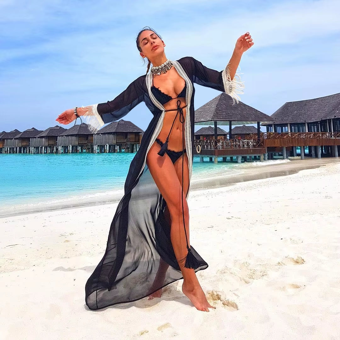 2024 Sexy Beach Cover up White Lace Tassels Beach Dress Women Bikini Swimwear Bathing Suit Summer Beach Wear Tunic
