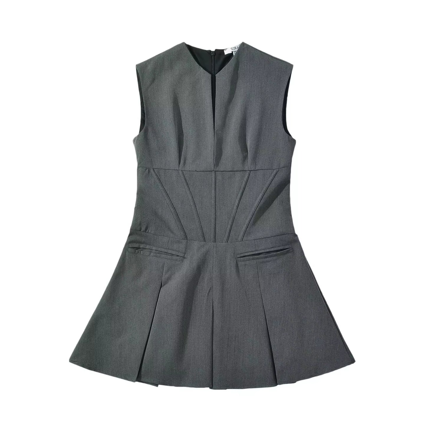 V-Neck Slim Fit Mini Sexy Party Dress Gray Croset Style Dress Women Sleevless Pleated New Summer Dress