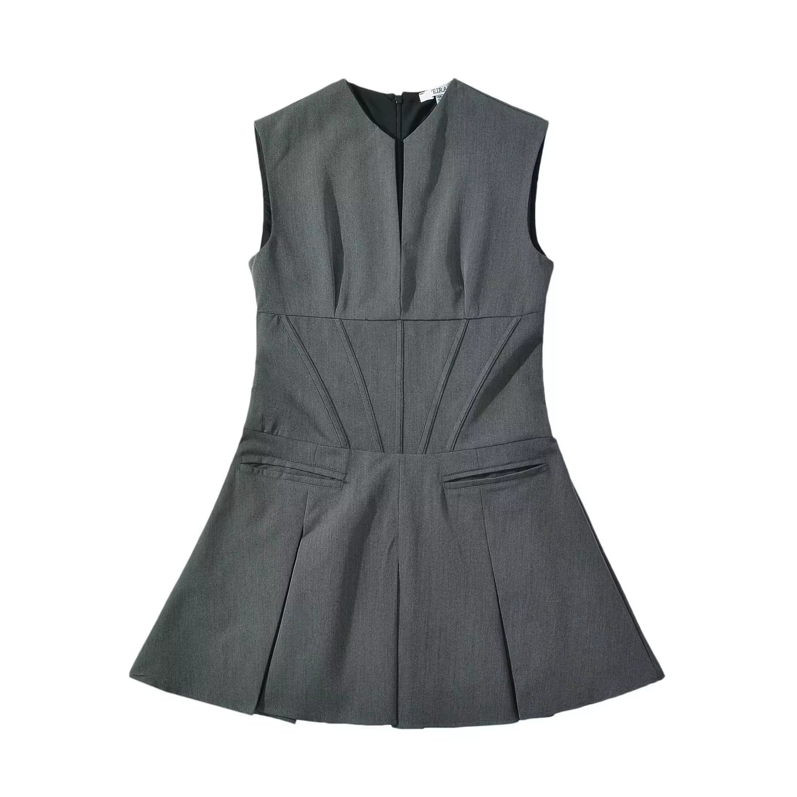 V-Neck Slim Fit Mini Sexy Party Dress Gray Croset Style Dress Women Sleevless Pleated New Summer Dress