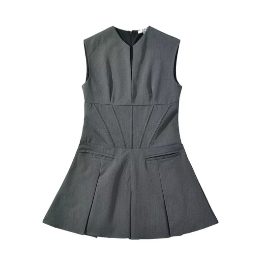 V-Neck Slim Fit Mini Sexy Party Dress Gray Croset Style Dress Women Sleevless Pleated New Summer Dress