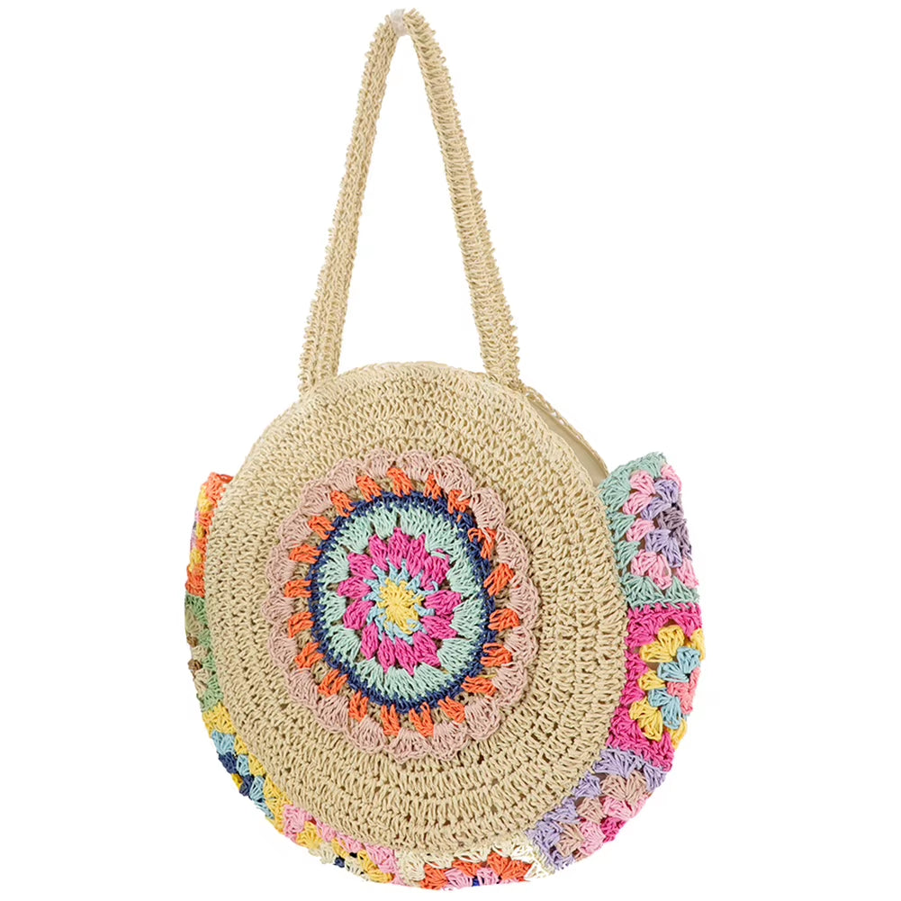 2024 Summer round Straw Woven Shoulder Bag Women'S Large Capacity Weaving Tote Bag Ethnic Style Stylish Handbag Ladies Beach Bag