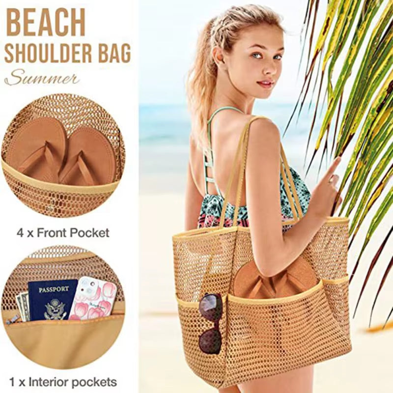 Multi Pockets Summer Beach Bag for Towels Mesh Durable Travel Handbag Toys Organizer Waterproof Underwear Swimming Storage Bag