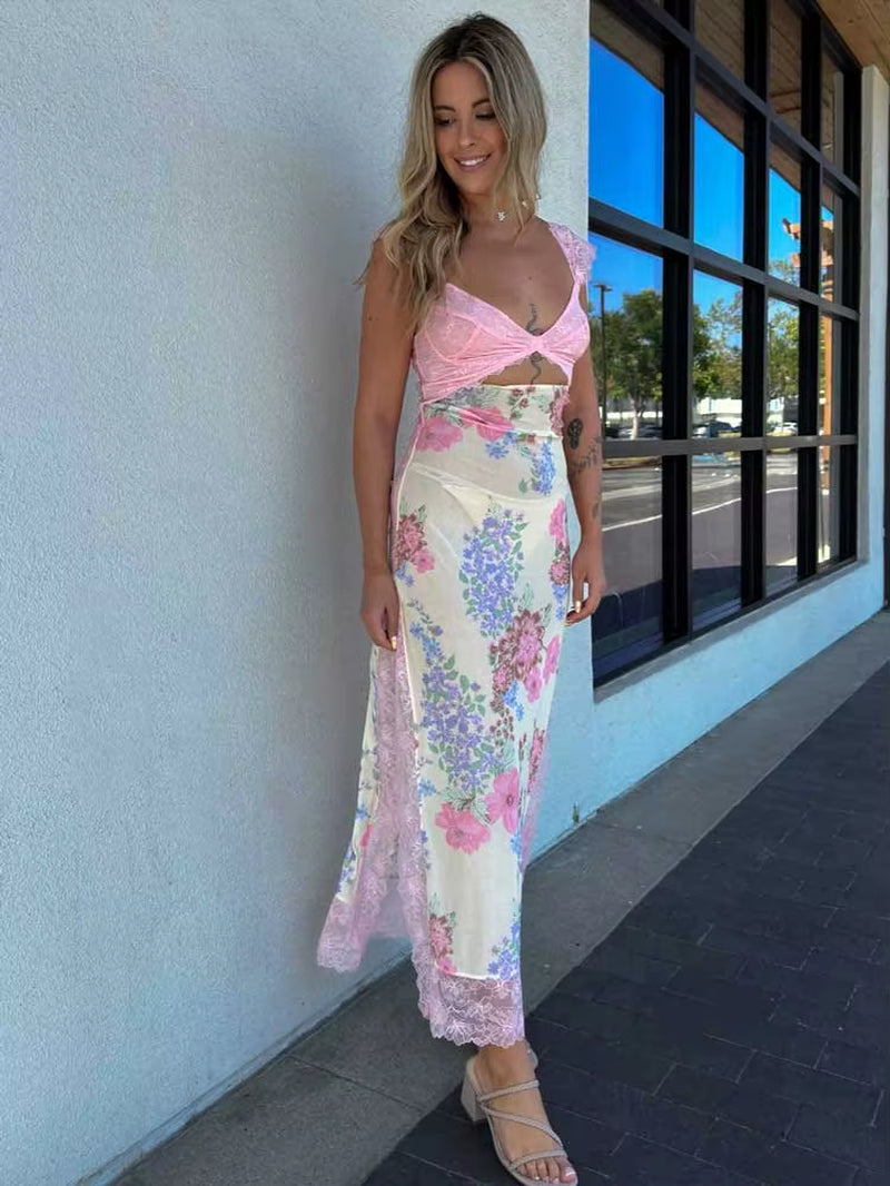 Maxi Slip Dress V-Neck Short Sleeves Side-Slit Summer Dress Cutout Back Sexy Party Dresses New
