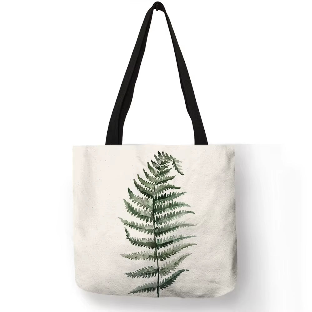 Watercolor Pteridophyte Print Reusable Shopping Bag Banana Tree Tote Bag for Women Fabric Handbags Traveling Beach Bags