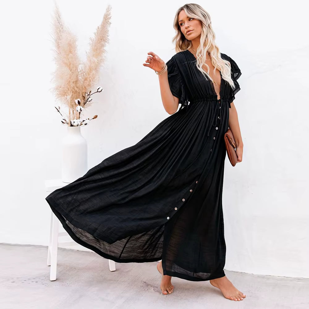 Women Swimsuit Cover Ups Mandarin Sleeve  Beach Cover-Ups