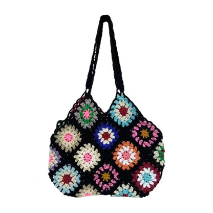 Bohemian Crochet Ladies Shoulder Bags Knitted Multicolor Hollow Tote Bag Retro Casual Knit Tote Bag Summer Beach Bag