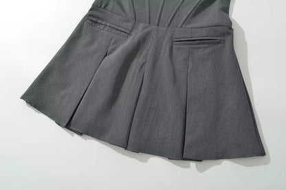V-Neck Slim Fit Mini Sexy Party Dress Gray Croset Style Dress Women Sleevless Pleated New Summer Dress