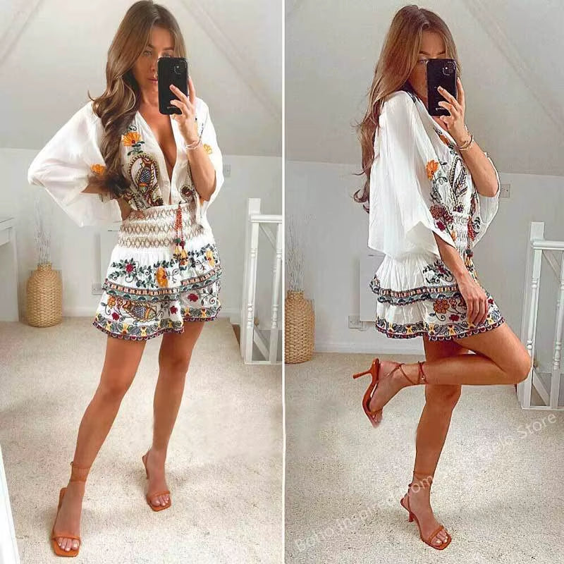 Floral Embroidery Boho Dress V-Neck Batwing Sleeve Dress Women Elastic Waist Pleated Chic Holiday Party Dress New