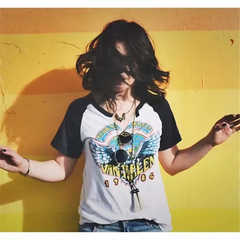 Super Chic Oho Women Tshirt V-Neck Music Cartoon Graphic Tees Cotton Women T-Shirts Ladies Short Sleeve Tee Shirts Band Tshirt