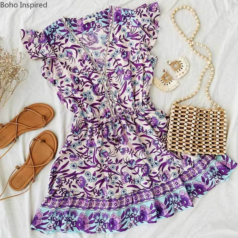 Purple Multi Print Ruffle Dress V-Neck Mini Party Dress Layered Cascading Ruffle Boho Dress 2022 New Summer Dress