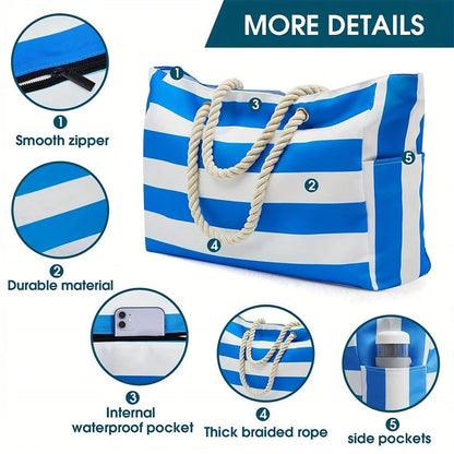 Striped Canvas Summer Beach Bag, Large Capacity Shopping Bag, Fashion Tote Bag for Travel,Ideal for Beach, Travel, & Camping