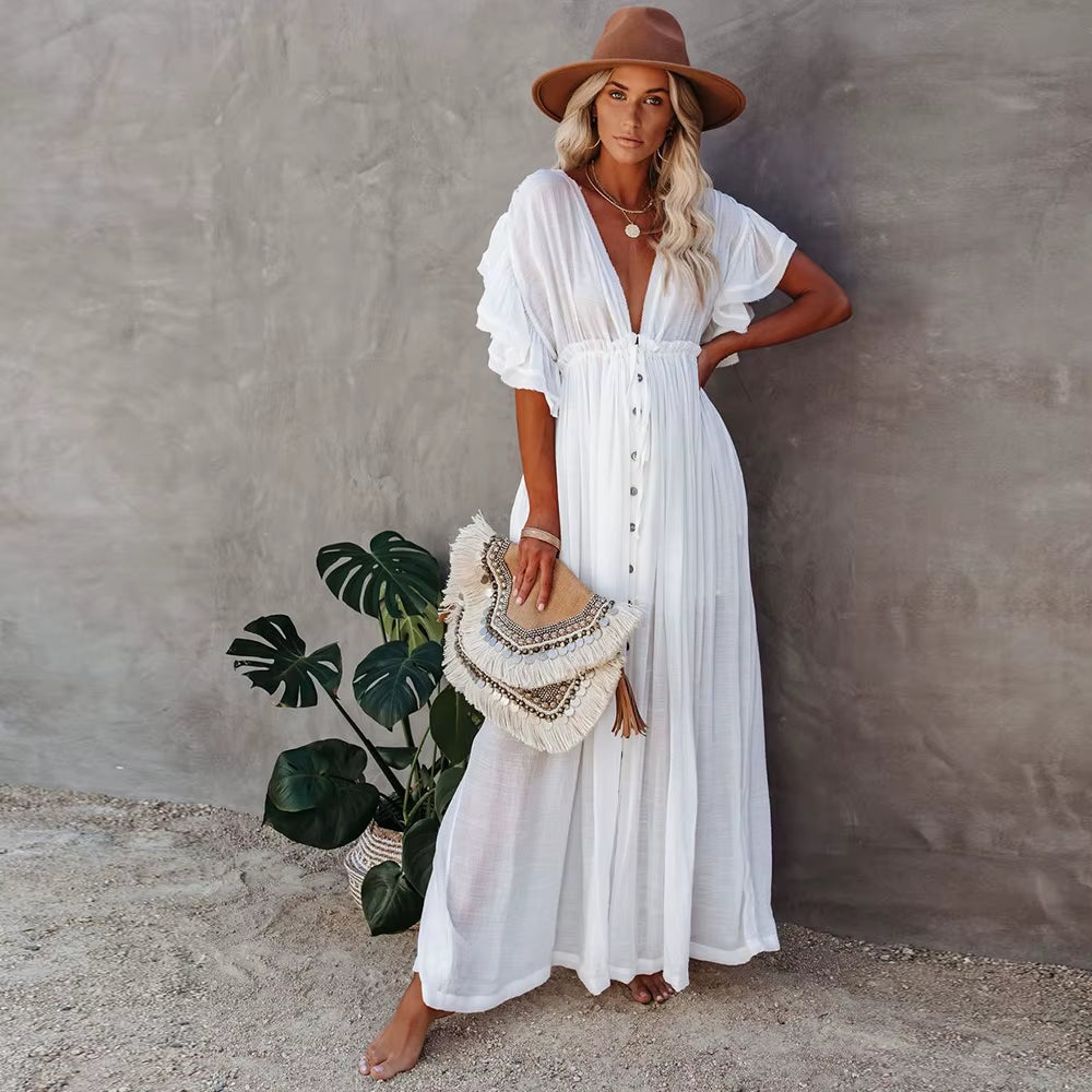 Women Swimsuit Cover Ups Mandarin Sleeve  Beach Cover-Ups