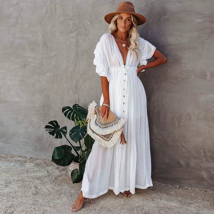 Women Swimsuit Cover Ups Mandarin Sleeve  Beach Cover-Ups