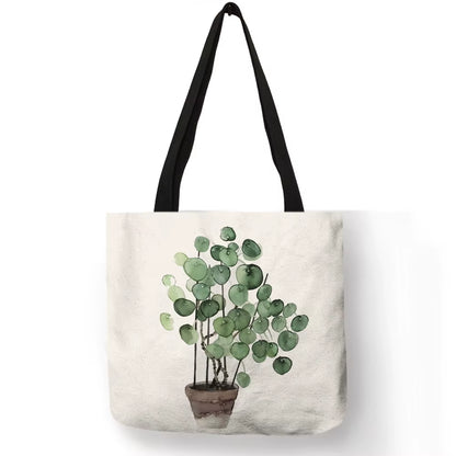Watercolor Pteridophyte Print Reusable Shopping Bag Banana Tree Tote Bag for Women Fabric Handbags Traveling Beach Bags