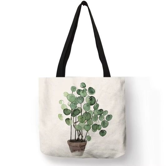Watercolor Pteridophyte Print Reusable Shopping Bag Banana Tree Tote Bag for Women Fabric Handbags Traveling Beach Bags