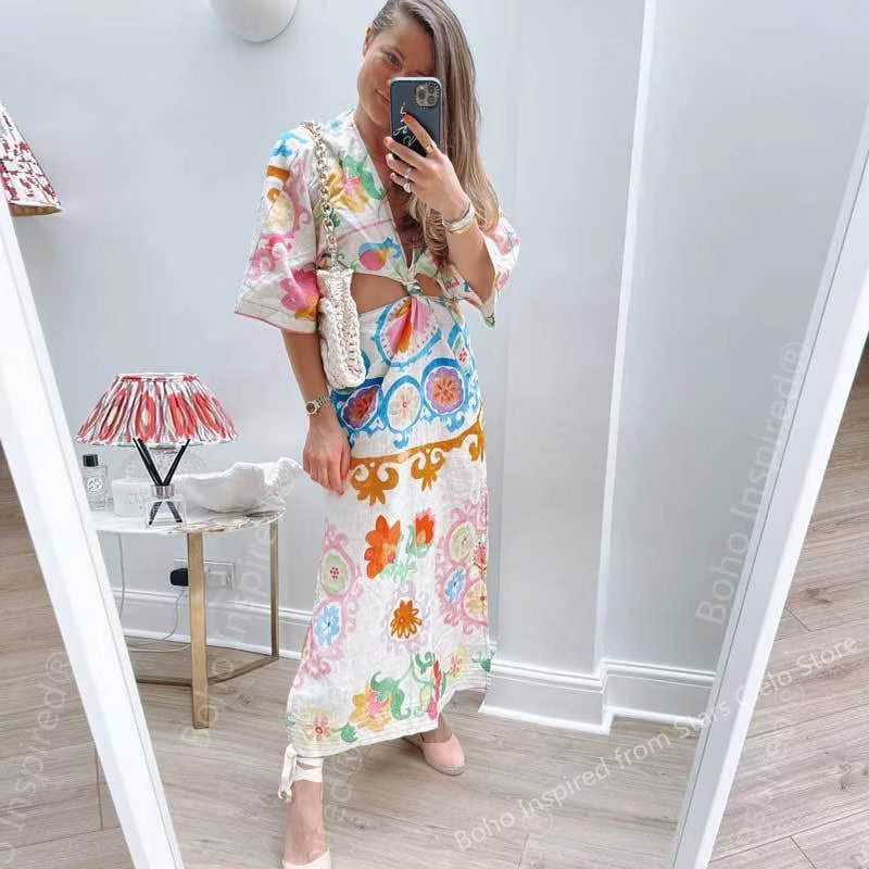 Mixed Floral PRINTED DRESS Women V-NECK Side Slit Sexy Women Summer Dress ELASTIC Waist Holiday Party Dress New