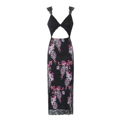 Maxi Slip Dress V-Neck Short Sleeves Side-Slit Summer Dress Cutout Back Sexy Party Dresses New