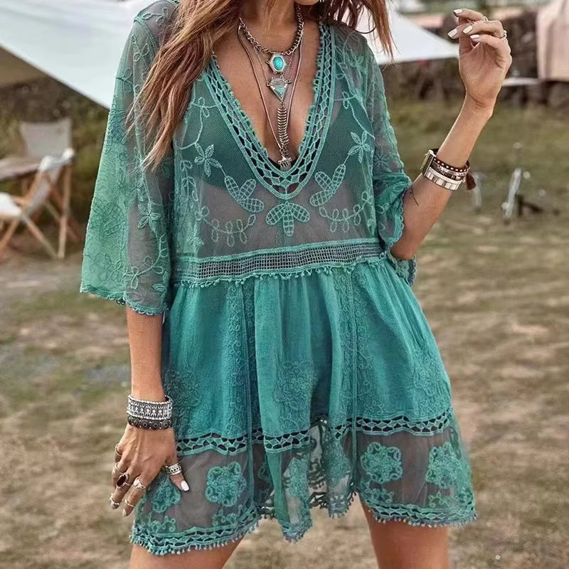 2023 Bikini Cover-Ups Tunic Sexy V-Neck Half Sleeve Summer Beach Wear Mini Dress Women Boho Beach Bikini Cover-Ups