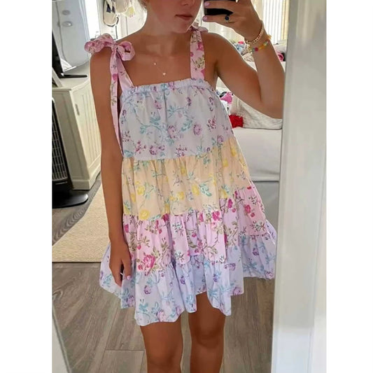 Floral Tiered Tie-Strap Mini Dress for Women Cute Summer Dresses New Feminine Babydoll Dress Sexy Party Dress
